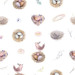 Watercolor spring rustic pattern with nest, birds, branch,tree twigs and feather. Watercolour seamless hand drawn bird background. Vintage, boho illustration