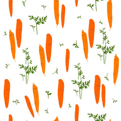 Carrot seamless pattern. Orange roots and leaves. Vector illustration.