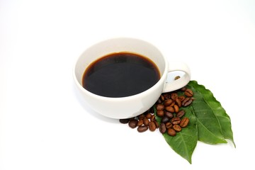 Black coffee cup and coffee seeds