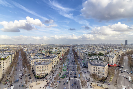 Aerial view of Paris cityscape with  Av. des Champs-Elysees in the center of image