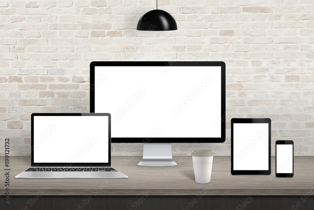 Poster computer display, laptop, tablet and mobile phone with isolated screen on office desk. white screen 