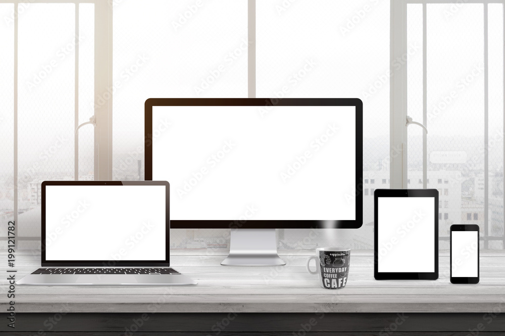 Poster responsive web site design mockup. computer displaz, laptop, tablet and smart phone on office desk. 