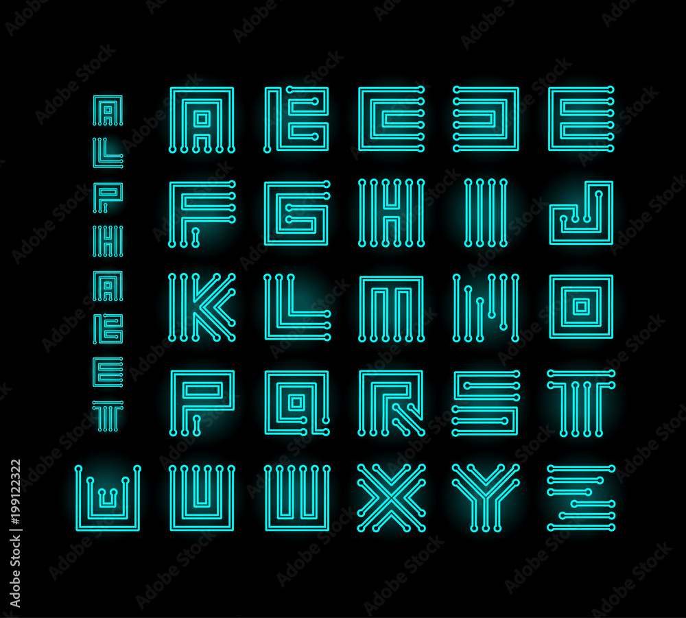 Poster Tech ront, technology vector alphabet, chipset stylized letters, cpu data base letter logos set template, digital microchip linear maze vector illustration on black background.