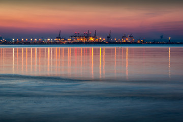 Dusk over the harbor on the Baltic sea  in Gdansk, Poland