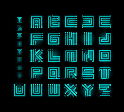Tech ront, technology vector alphabet, chipset stylized letters, cpu data base letter logos set template, digital microchip linear maze vector illustration on black background.