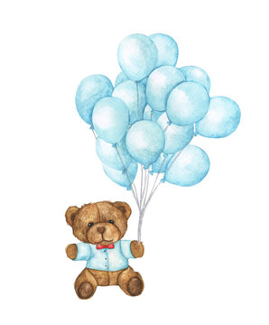 Hand drawn watercolor of teddy bear flying with blue balloons on white background.