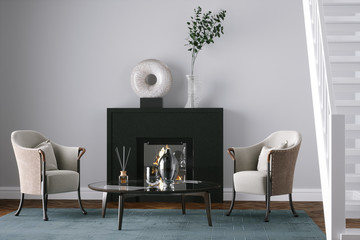 Black fireplace in new living room with chairs 3d render