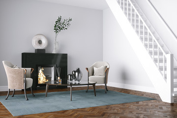 Black Fireplace in white living room 3d render