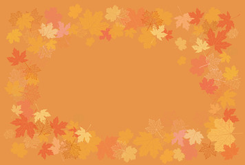 Naklejka na ściany i meble Orange background and maple autumn leaves at the edges. Vector graphics