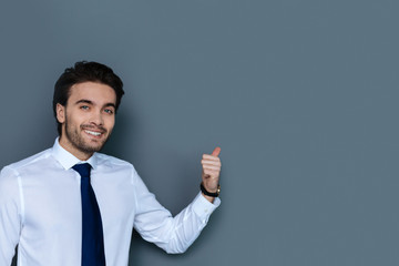 My presentation. Cheerful nice delighted man pointing at the wall an explaining his ideas while showing a presentation