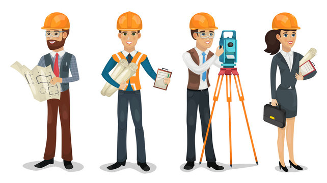 Set of cartoon characters. Civil engineer, surveyor, architect and construction workers isolated vector illustration.