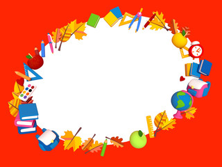 3D rendering, school supplies on a white oval background. 3d modeling