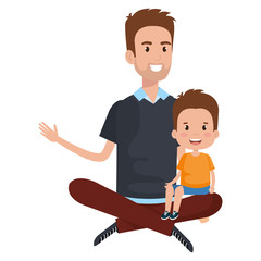 father sitting on the floor carrying son vector illustration design