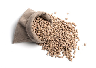 Feed for livestock. A bag. Large granules crumbled.