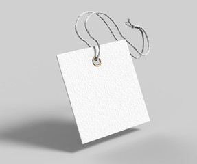 Blank tag tied with string. Price tag, gift tag, sale tag, address label isolated on grey background. 3d render illustration - obrazy, fototapety, plakaty