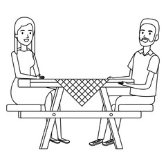 picnic table with couple characters vector illustration design