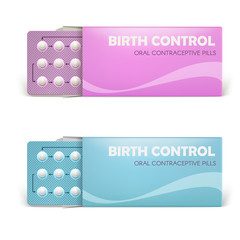 Realistic vector female oral contraceptive pills blister with clipping path and opened packing on white background. Women contraceptive hormonal birth control pills. Planning pregnancy concept.