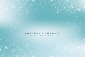 Geometric graphic background molecule and communication. Big data complex with compounds. Perspective backdrop. Minimal array. Digital data visualization. Scientific cybernetic vector illustration.