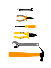 Home repair and house renovation banner template with construction work tools. Hand instrument: hammer, screwdriver, spanner, wrench, pliers, vector