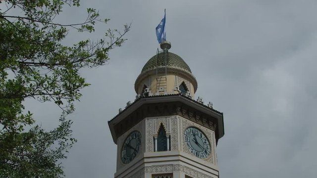 Moorish Clock Tower with flying flag of Guayaquil on top, Ecuador