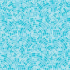 Blue abstract mosaic seamless pattern. Fragments of a circle laid out from tiles trencadis. Vector background.