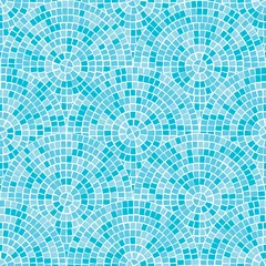 Fototapete Mosaik Nahtloses Muster des blauen abstrakten Mosaiks. Fragmente eines Kreises, der aus Fliesen trencadis angelegt ist. Vektor-Hintergrund.