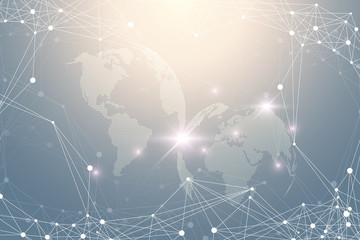World map point with global technology networking concept. Digital data visualization. Lines plexus. Big Data background communication. Scientific vector illustration.