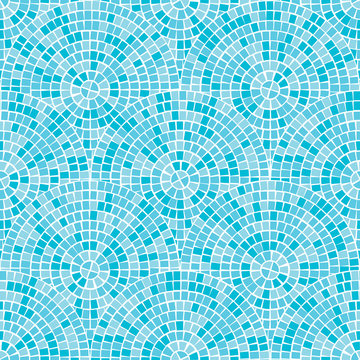 Blue abstract mosaic seamless pattern. Fragments of a circle laid out from tiles trencadis. Vector background.