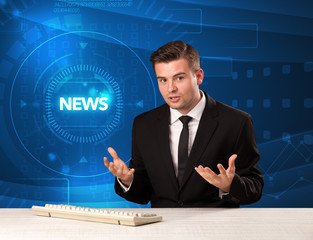 Modern televison presenter telling the news with tehnology background concept