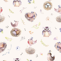 Watercolor spring rustic pattern with nest, birds, branch,tree twigs and feather. Watercolour seamless hand drawn bird background. Vintage, boho illustration