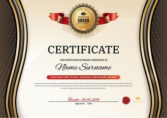 Official white certificate of appreciation award template with wave black and golden shapes and black badge,
