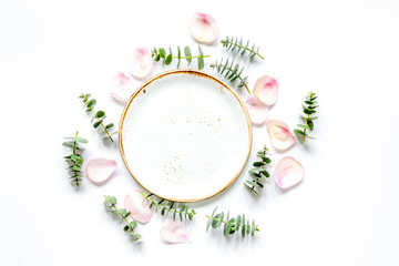 Obraz na płótnie Canvas light breakfast with spring pattern on white background top view