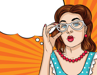 Vector retro illustration pop art comic style of a pretty woman holds glasses.Glamorous lady wear eyeglasses