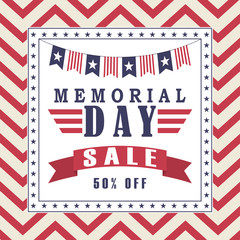 Vector Memorial Day sale background with stars, ribbon and lettering. Template for Memorial Day.