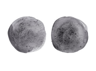Set of hand drawn watercolor ultraviolet spots. Collection purple round stains. Isolated on white background. Wet texture, grained paper. A deep saturated tone. Color 2018. A kit of blotches.