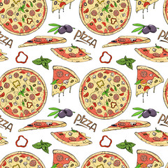 Seamless pattern of pizza and ingredients on white background. Vector illustration in sketch style.
