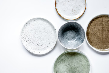 ceramic tableware top view on white background mock up