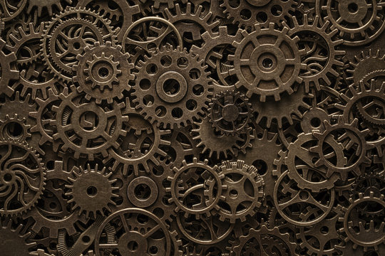 Brass cog wheels, steampunk background, texture with copy space