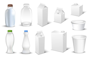 Set of white blank realistic dairy packaging including plastic bottles and carton packets isolated vector illustration