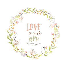 Watercolor boho floral wreath. Bohemian natural frame: leaves, feathers, flowers, Isolated on white background. Artistic decoration illustration. Save the date, logo, weddign design