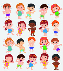 Cartoon character boys and girls in a swimsuit. Set with different postures, attitudes and poses, doing different activities. Vector illustrations.