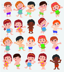 Cartoon character boys and girls in a swimsuit. Set with different postures, attitudes and poses, doing different activities. Vector illustrations.
