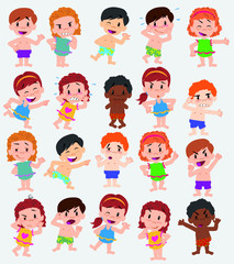 Cartoon character boys and girls in a swimsuit. Set with different postures, attitudes and poses, doing different activities. Vector illustrations.