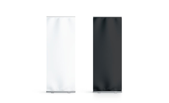 Blank white and black roll-up banner set display mockup, isolated, 3d rendering. Clear rollup baner design mock up, front view. Empty roller sign board template stand.