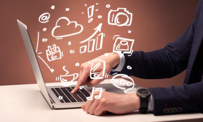 An elegant businessman sitting at desk and pushing the buttons of his laptop keyboard while working on everyday office tasksillustration concept