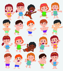 Cartoon character boys and girls in a swimsuit. Set with different postures, attitudes and poses, doing different activities. Vector illustrations.