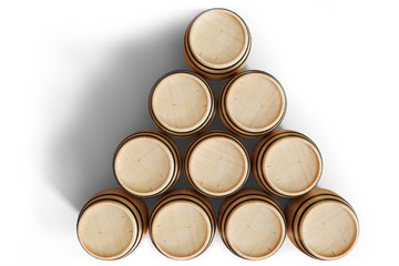 3D Illustration wooden barrels view top, wine isolated on white background. Alcoholic drink in wooden barrels, such as wine, cognac, rum, brandy.