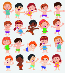Cartoon character boys and girls in a swimsuit. Set with different postures, attitudes and poses, doing different activities. Vector illustrations.