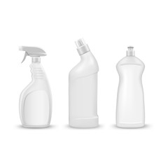 mock up liquid laundry detergent package, realistic set of  blank plastic white bottles. Mockup for brand and package design
