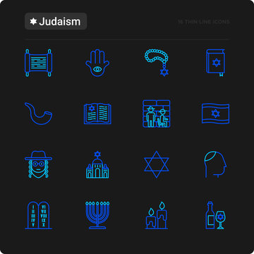 Judaism thin line icons set: Orthodox jew, star of David, sufganiyot, hamsa, candles, synagogue, skullcap, rosary, Western Wal, Tanakh. Modern vector illustration for black theme.